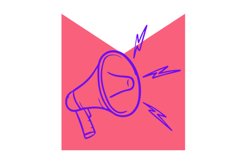A graphic of a megaphone on top of a bright coral coloured M shape