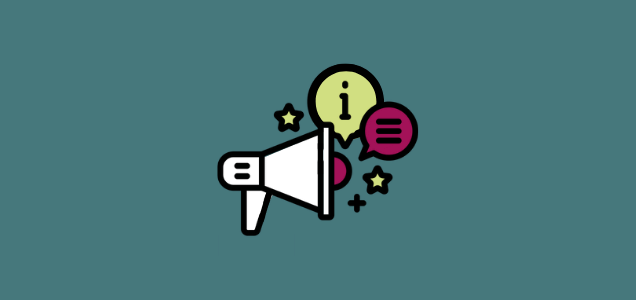 An illustration of a megaphone with speak bubble and info icon