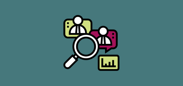 An illustration of a magnifying glass with some people speaking and a graph