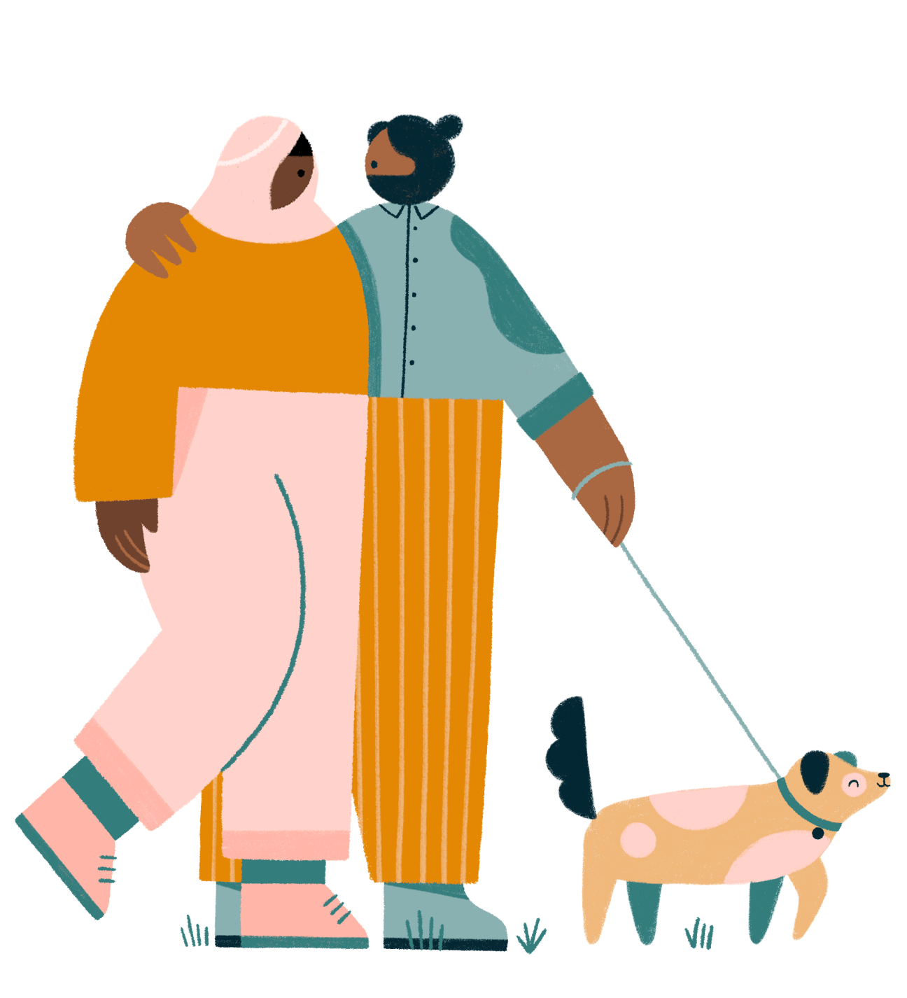Two people walking a dog