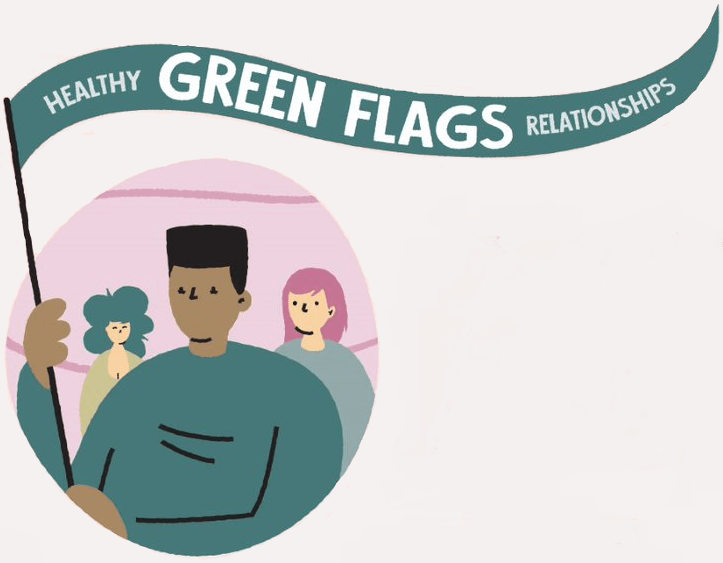 Graphic of people holding a green flag, for healthy relationships