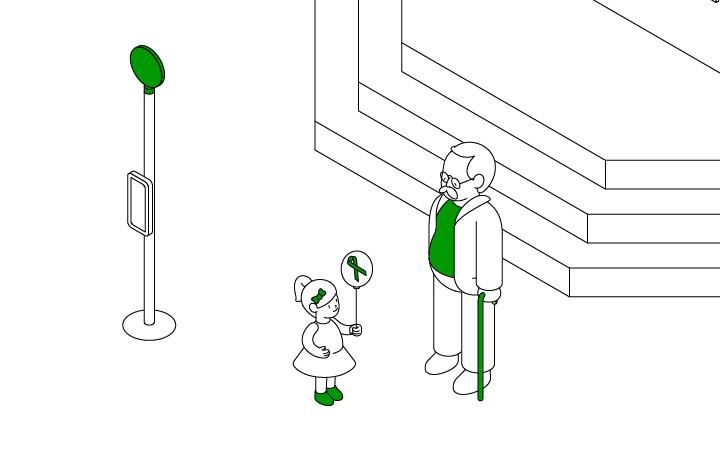 Graphic of a man and a little girl holding a green ribbon balloon