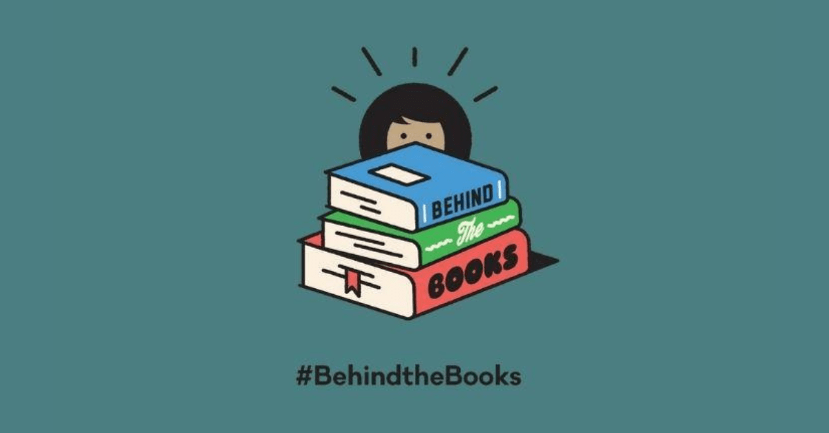 Illustration of someone looking over from behind a stack of books on a teal background