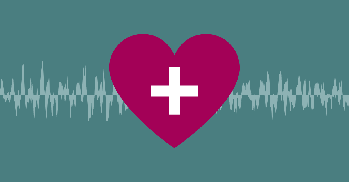Graphic of a heart with a cross and a soundwave in the background