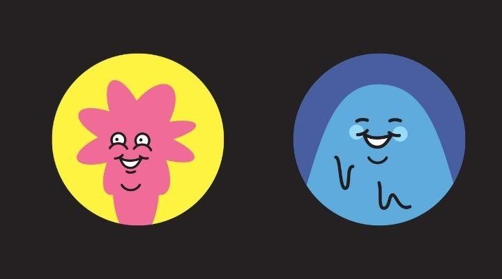 Two cartoon characters in circles on a black background