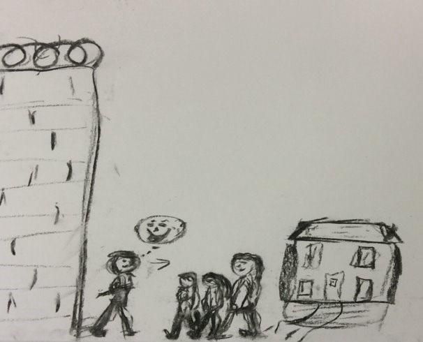 Drawing of a few people outside a house