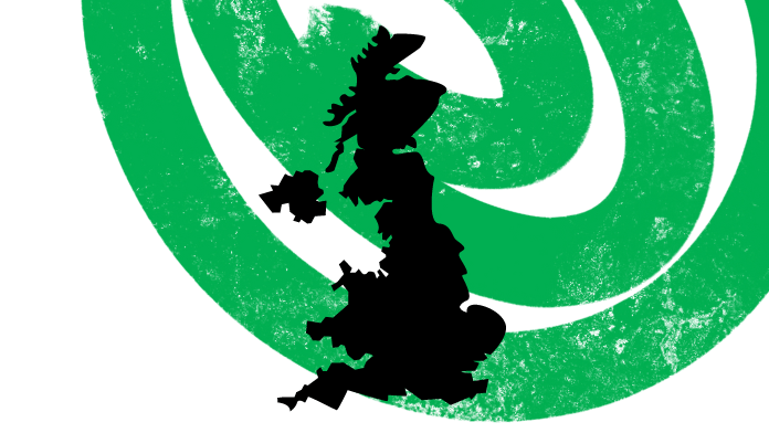 A graphic of a map of the UK in front of hand-drawn green concentric circles