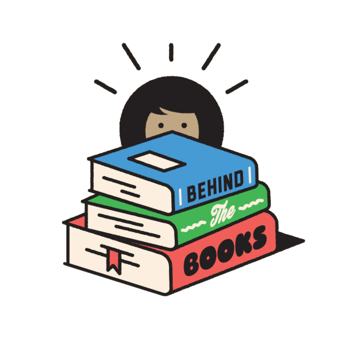 A graphic of a person hiding behind a pile of books. The books show the title: Behind the Books.