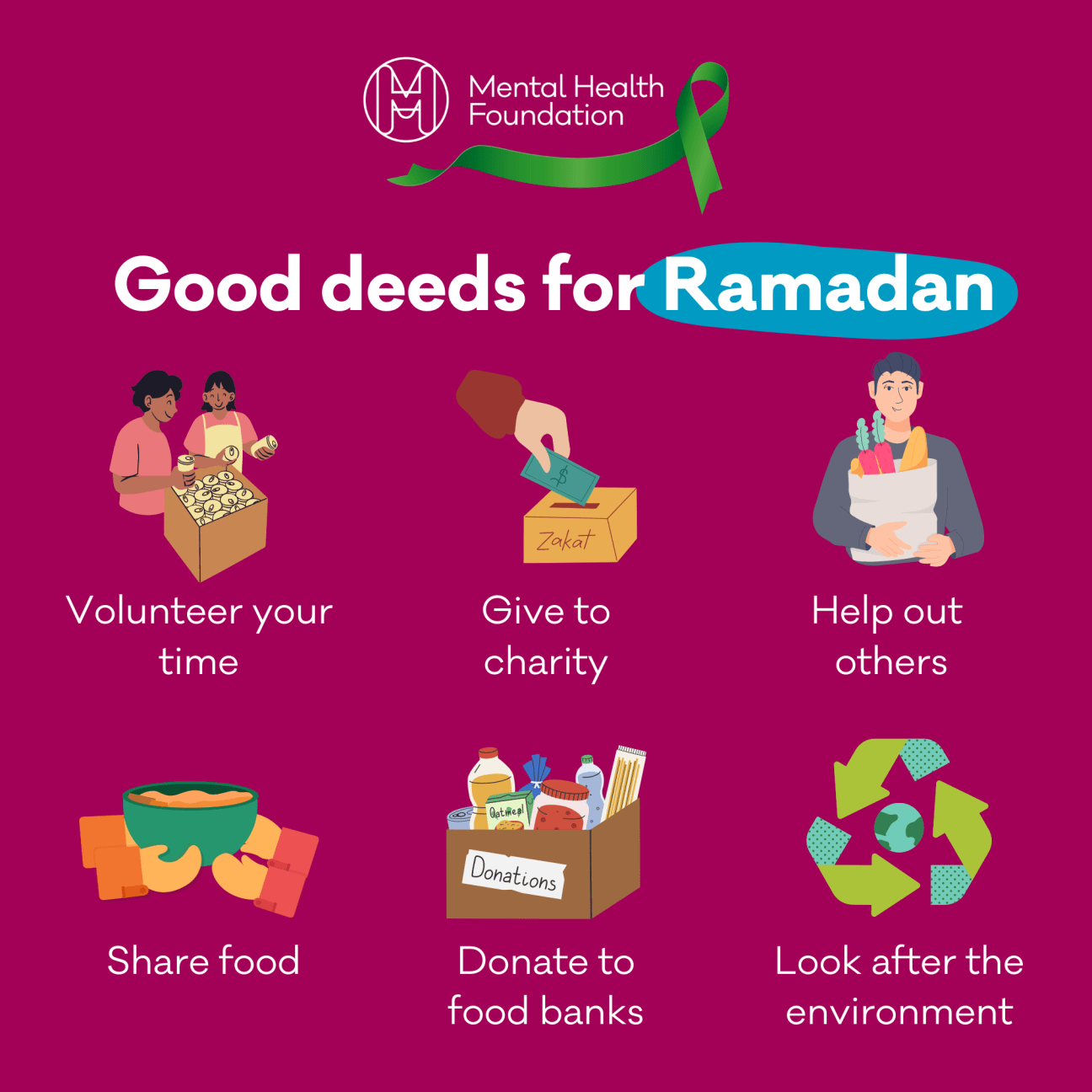 Good deeds for Ramadan - illustrations of each good deed found in the bullet point list.