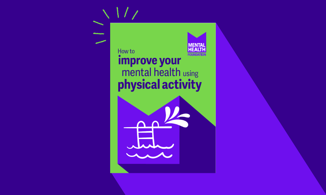 Publication title page: "How to improve your mental health using physical activity" - Mental Health Foundation logo top left. Drawing off a ladder into a pool. 