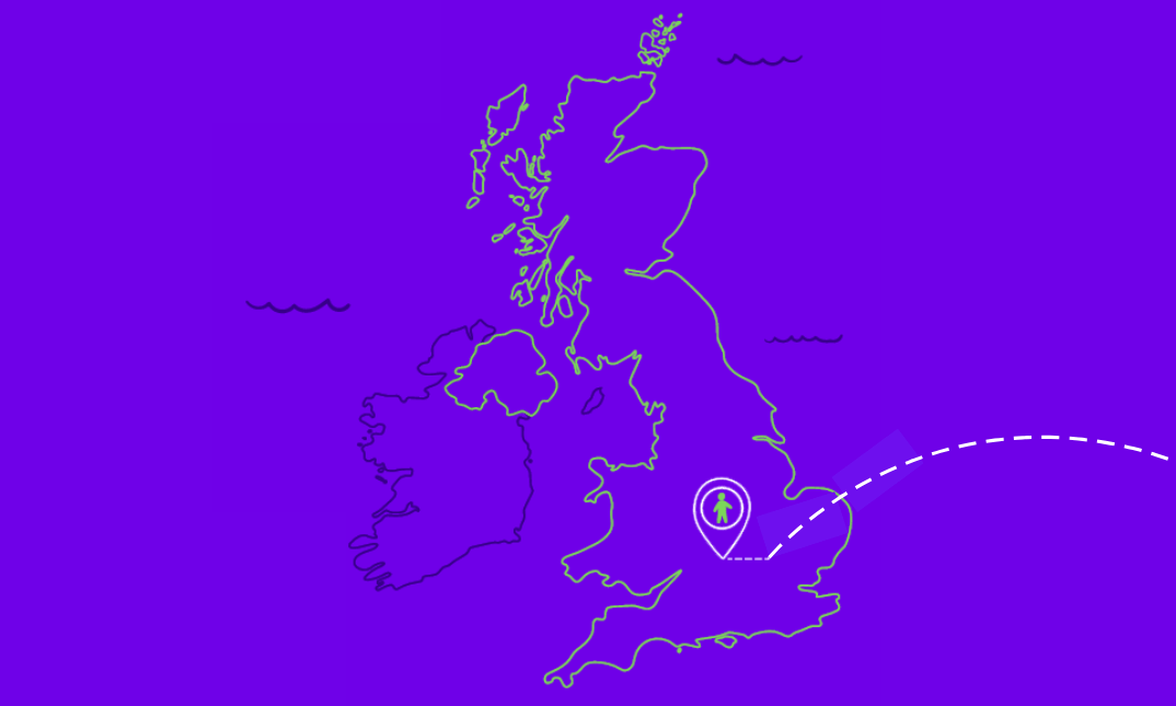 A map of the UK and Ireland on a purple background, with an icon of a person and an arced dotted line coming in from the right-hand side of the frame. 