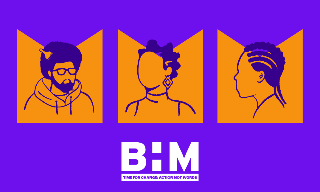 Illustrations (outline drawings) of 3 Black people, one has diamond shape earrings and bantu knots, another has glasses a hoodie and an afro (with an afro comb), and the last has cornrows