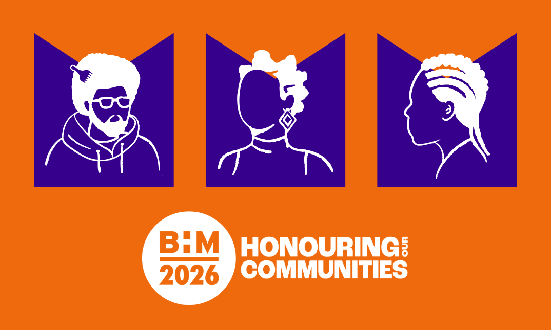 Illustrations (outline drawings) of 3 Black people, one has diamond shape earrings and bantu knots, another has glasses a hoodie and an afro (with an afro comb), and the last has cornrows