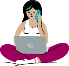 Graphic of avatar woman sitting on laptop