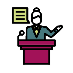 Graphic showing a woman standing a lectern speaking