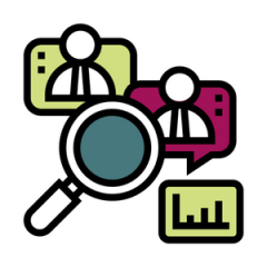 Graphic of magnifying glass with people and graph