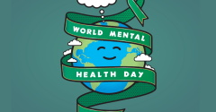 World Mental Health Day illustration of a world with green ribbon wrapping around it