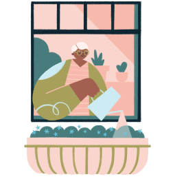 Graphic of a woman watering her window basket of plants