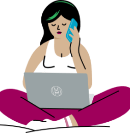Graphic of avatar woman sitting on laptop