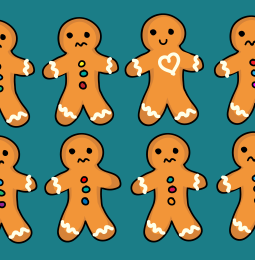 Graphic of gingerbread men, many of them sad and only one of them smiling