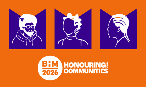 Illustrations (outline drawings) of 3 Black people, one has diamond shape earrings and bantu knots, another has glasses a hoodie and an afro (with an afro comb), and the last has cornrows