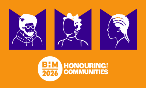 Illustrations (outline drawings) of 3 Black people, one has diamond shape earrings and bantu knots, another has glasses a hoodie and an afro (with an afro comb), and the last has cornrows