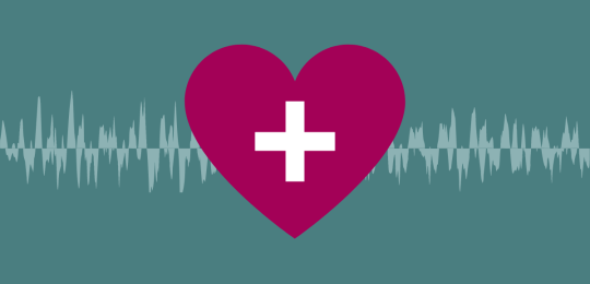 Graphic of a heart with a cross and a soundwave in the background