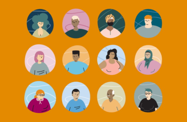 Graphic of multiple avatars in a grid, showing different people and body types