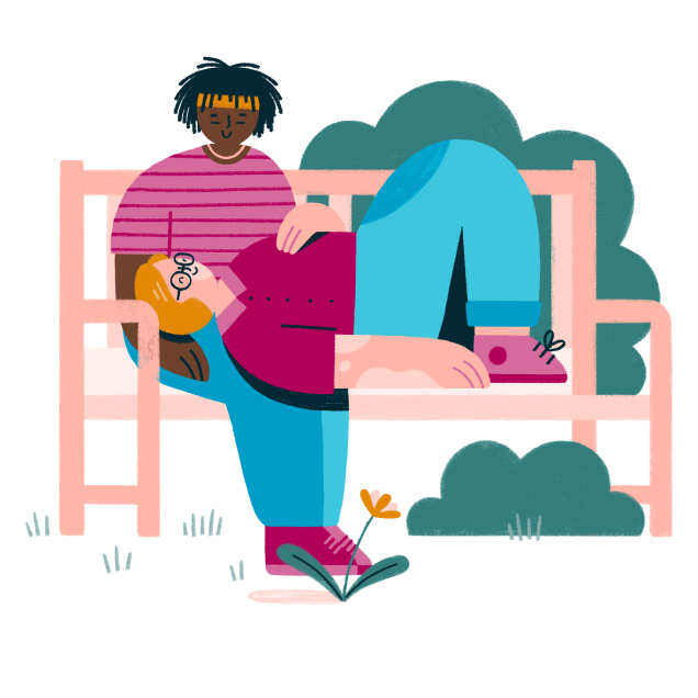 Graphic of a couple sat on a bench relaxing in nature