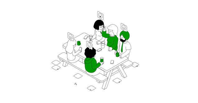 Black and white illustration of people sitting around a picnic bench talking