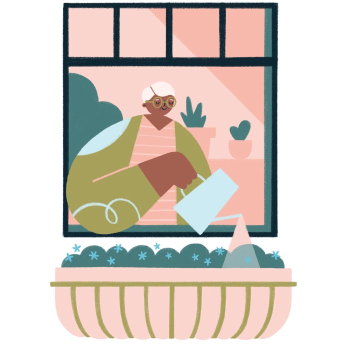 Graphic of a woman watering her window basket of plants