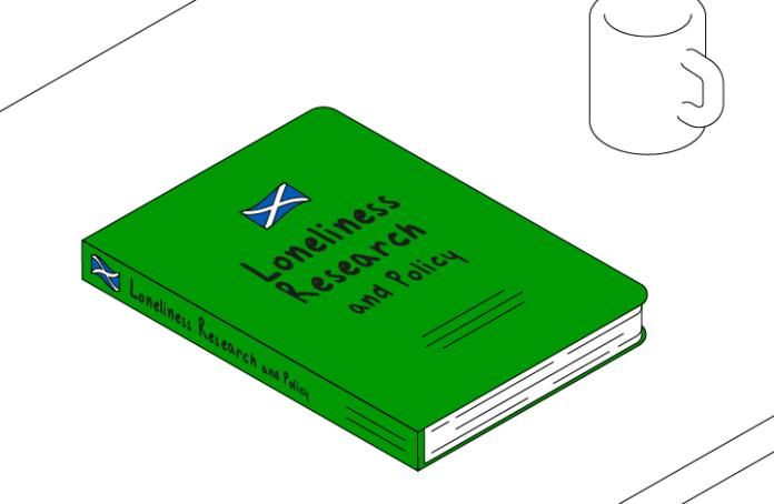 Graphic of a book with the title 'loneliness research' for MHF Scotland