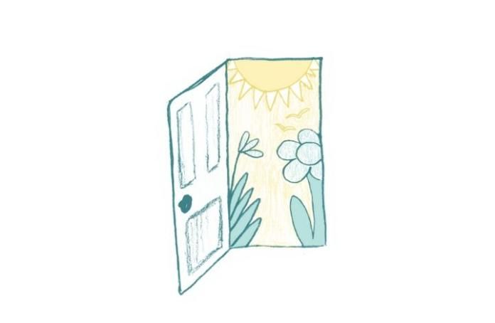 Hand-drawn illustration of a door looking out onto plants and flowers