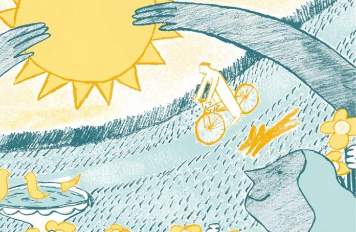 Hand-drawn illustration of someone riding a bike in a part with a person in the foreground holding their hands up to the bright yellow sun