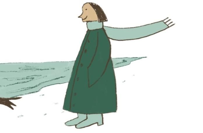 A hand-drawn illustration of someone walking through a wintery landscape with their scarf being blow behind them.