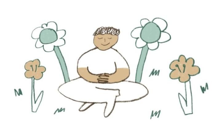 Hand-drawn illustration of someone sitting cross-legged surrounded by large flowers