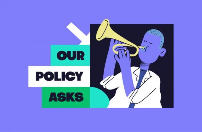 A man playing the trumpet next to the words, 'Our policy asks'