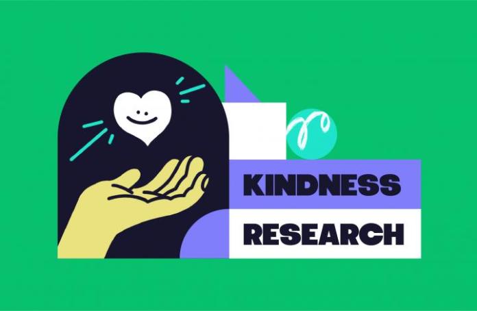 illustration of an open hand with a heart above it, next to the words 'Kindness Research'