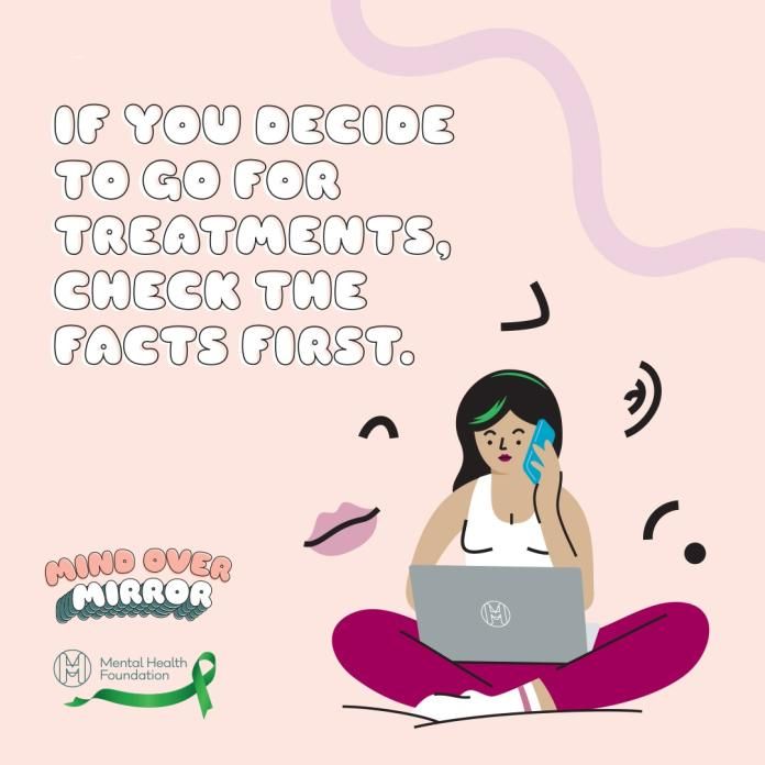 A woman on the phone and on her laptop, with text explaining it is good to check the facts before booking cosmetic treatments