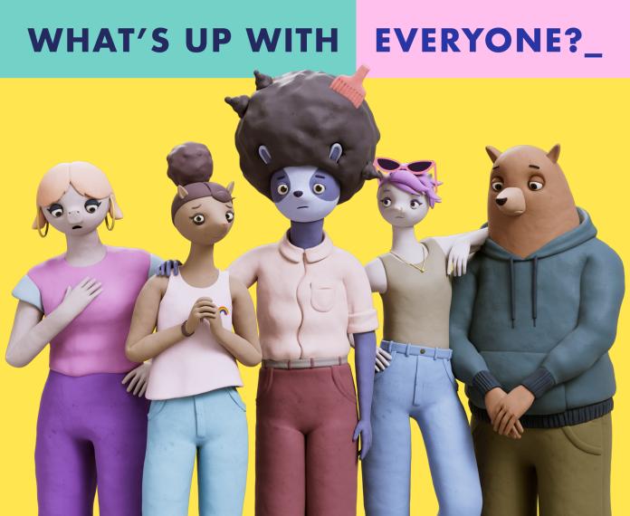 A heading that reads 'What's Up with Everyone?' with a group of characters below, depicting young people from various backgrounds