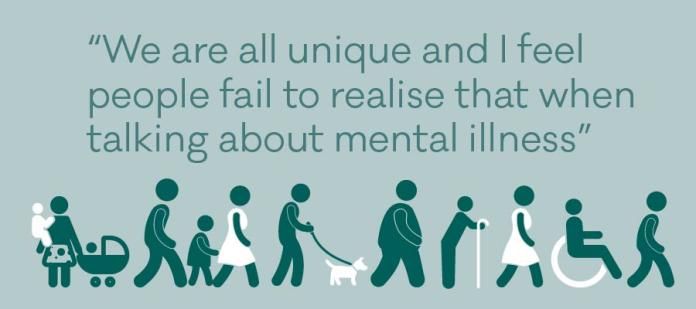 Quote that reads "We are all unique and I feel people fail to realise that when talking about mental illness"