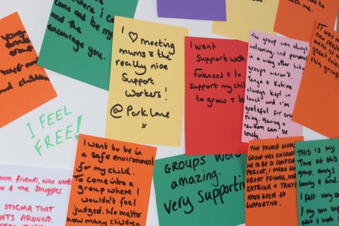 Post its of feedback from the Young Mums Together programme
