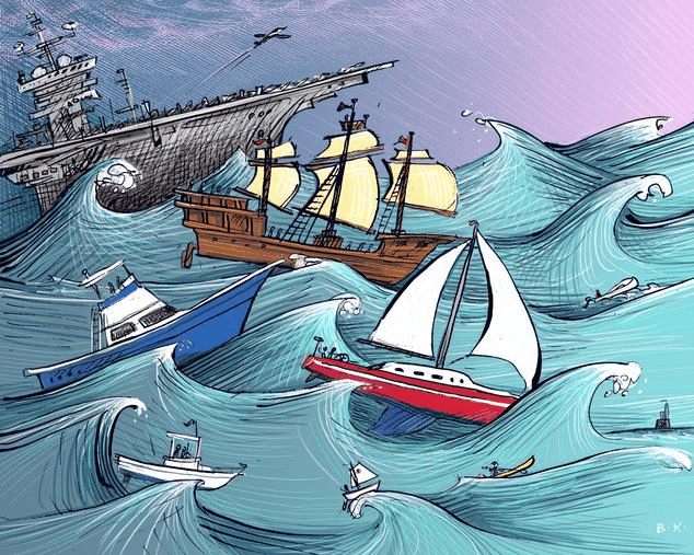 Ships on a rough sea - painting