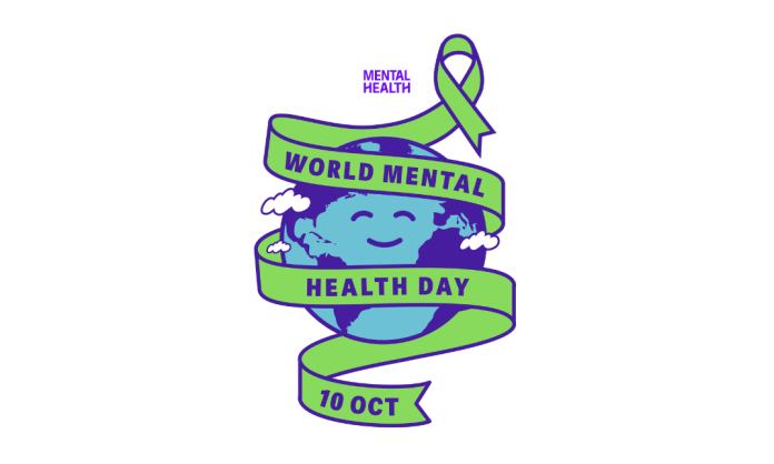 Drawing of a globe with a smiling face. A green ribbon is wrapped around it, with the text: \'World Mental Health Day Oct 10\'. Above it is the MHF logo.