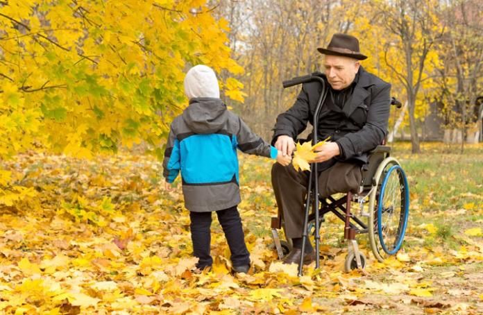 Man in a wheelchair outside with a child