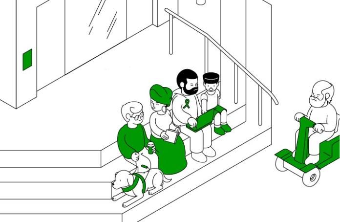 Graphic of people sitting on stairs, some wearing the MHF green ribbon