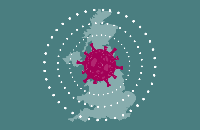 Illustration of COVID virus over the UK