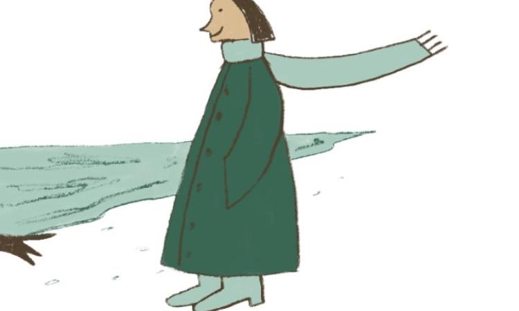 A hand-drawn illustration of someone walking through a wintery landscape with their scarf being blow behind them.