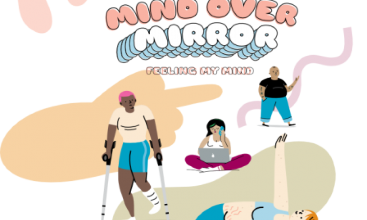 Graphic with a woman doing yoga, a person on crutches, a woman sat on her laptop and a person walking. All people of different body shapes and sizes