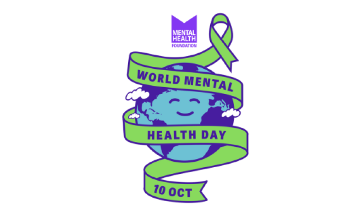 A drawing of a globe with a green ribbon wrapped around it with the text: 'World Mental Health Day Oct 10. Above there is the MHF logo.'